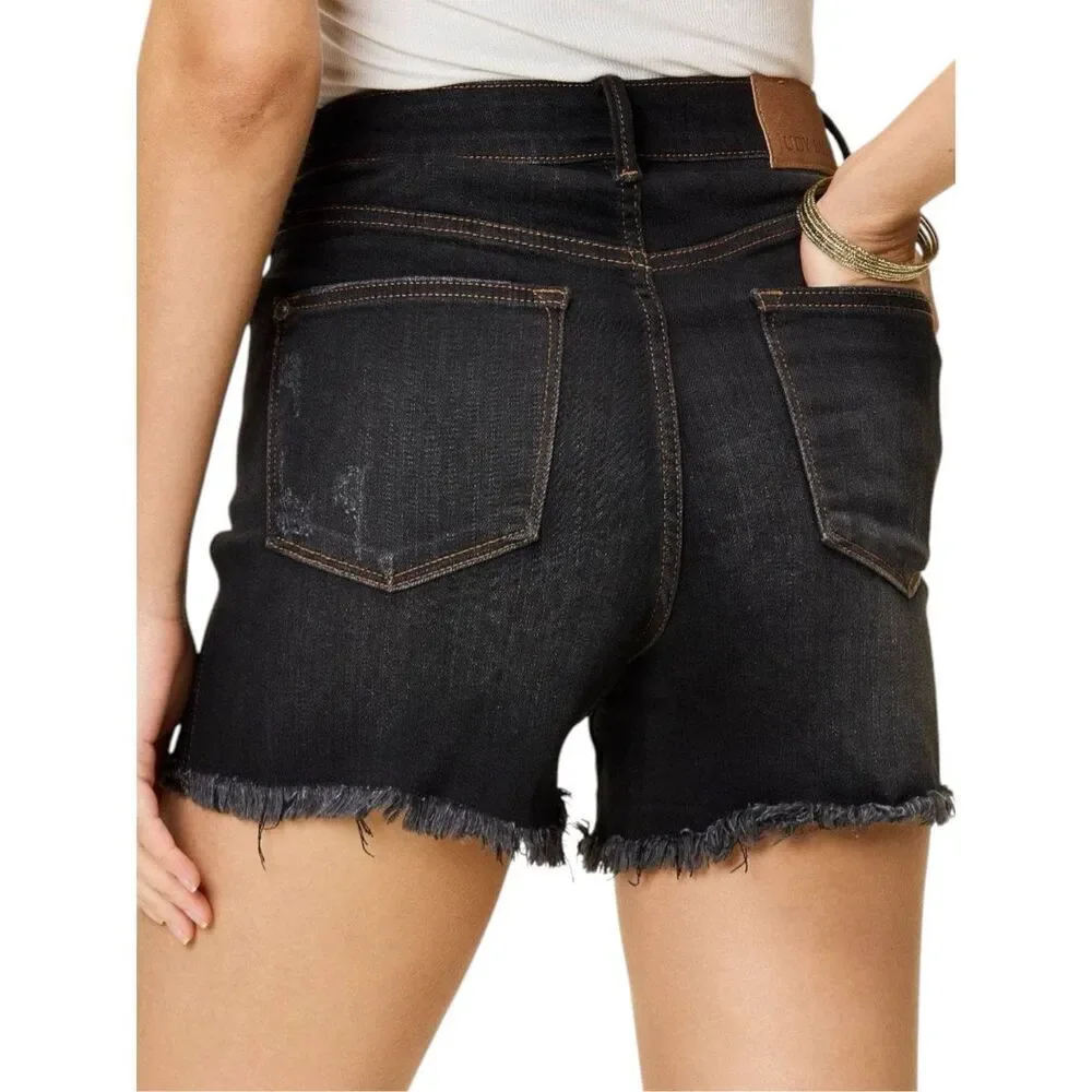 Judy Blue Black Tummy Control Shorts High Rise Fray Hem Plus Size NWT